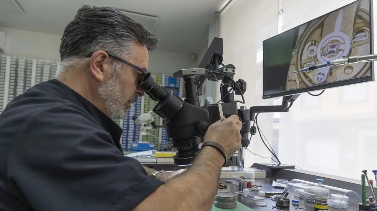 Relojero de Ordes usando microscopio de precisión para reparar un mecanismo de reloj