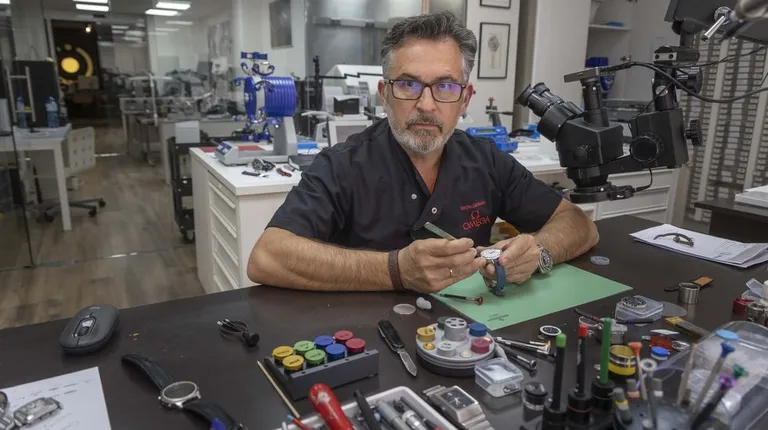 Luis Míguez, relojero de Ordes, reparando un reloj de alta gama en su taller especializado